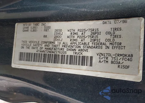 1998 Toyota Tacoma Base V6 из США, поврежденный, VIN 4TAWN72N0WZ176205